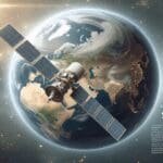 Satélite en órbita sobre un paisaje terrestre