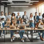 Grupo de emprendedores reunidos en un espacio de coworking moderno con laptops y pizarras.