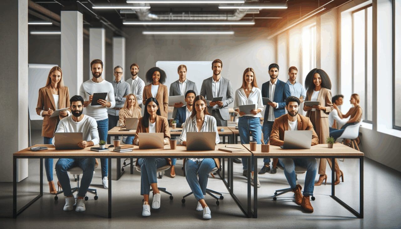 Grupo de emprendedores reunidos en un espacio de coworking moderno con laptops y pizarras.