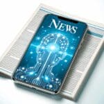 Ilustración abstracta de inteligencia artificial integrada en un smartphone sobre fondo blanco con destellos azules.