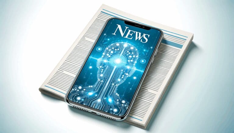 Ilustración abstracta de inteligencia artificial integrada en un smartphone sobre fondo blanco con destellos azules.