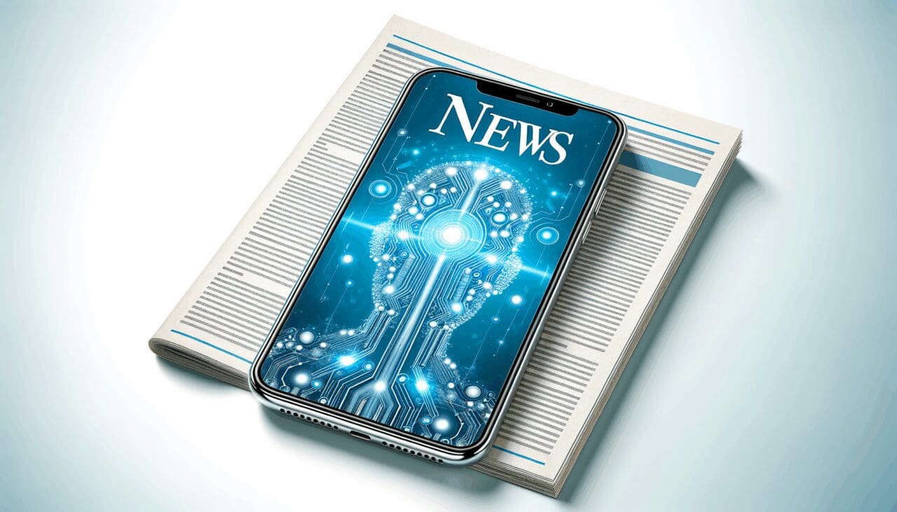 Ilustración abstracta de inteligencia artificial integrada en un smartphone sobre fondo blanco con destellos azules.