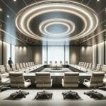 Interior moderno con sala de reuniones amplia, tonos neutros, ambiente profesional y tecnológico.