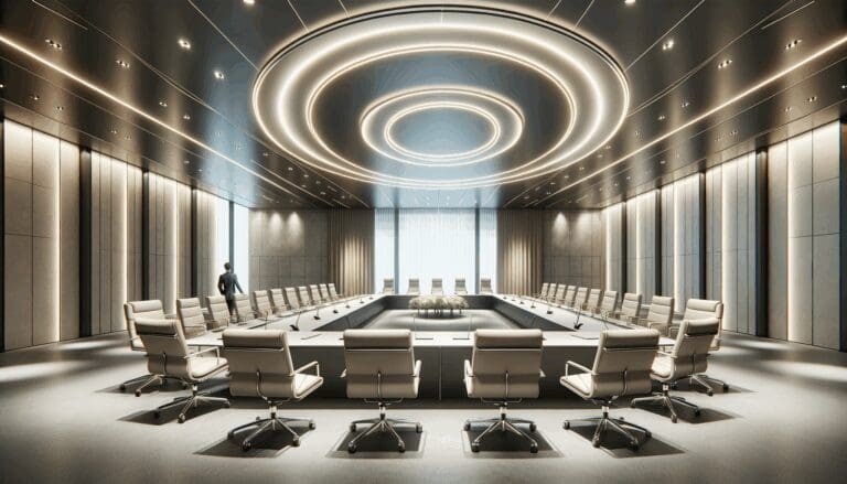 Interior moderno con sala de reuniones amplia, tonos neutros, ambiente profesional y tecnológico.