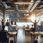 Primer plano de programadores en un espacio de coworking moderno rodeados de pantallas y tecnología