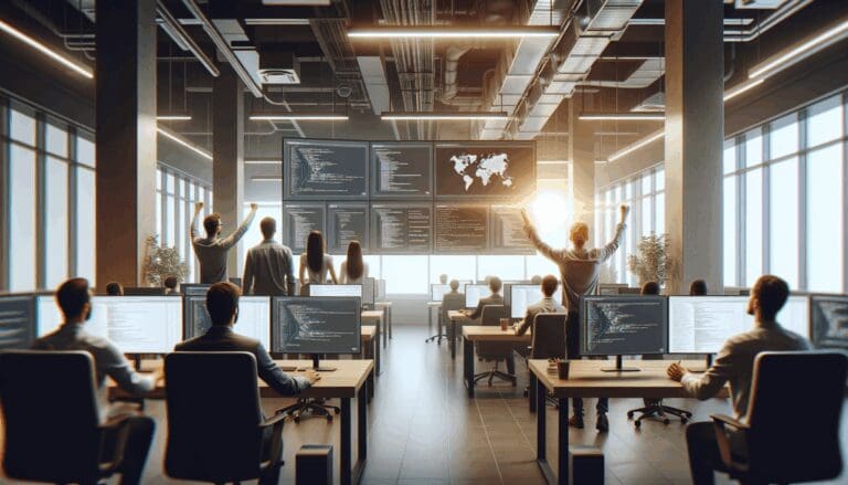 Primer plano de programadores en un espacio de coworking moderno rodeados de pantallas y tecnología