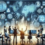 Ilustración conceptual de emprendedores frente a pantallas con gráficos de criptomonedas y tecnología blockchain.