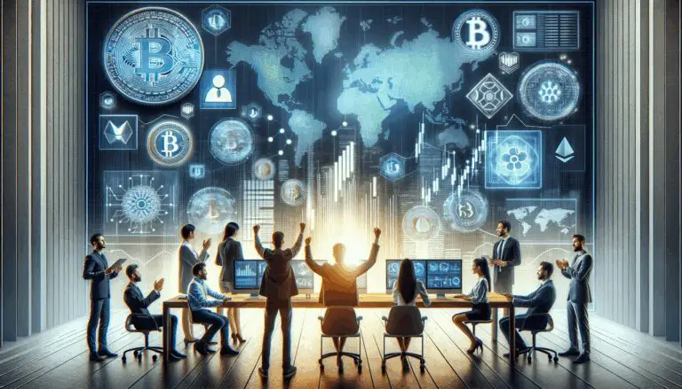 Ilustración conceptual de emprendedores frente a pantallas con gráficos de criptomonedas y tecnología blockchain.