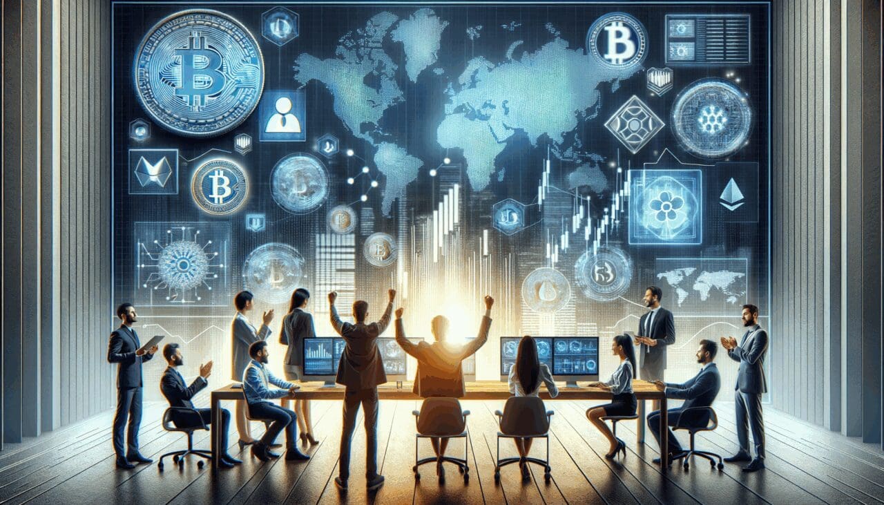 Ilustración conceptual de emprendedores frente a pantallas con gráficos de criptomonedas y tecnología blockchain.