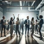 Emprendedores celebrando en un evento tecnológico con luces y ambiente moderno.