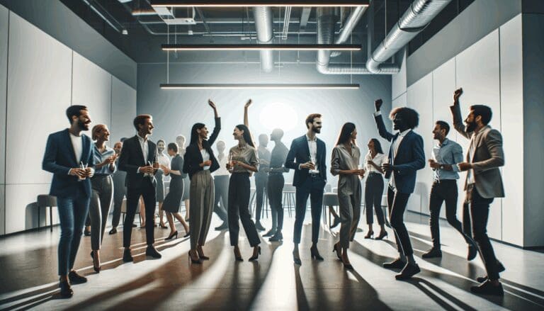 Emprendedores celebrando en un evento tecnológico con luces y ambiente moderno.