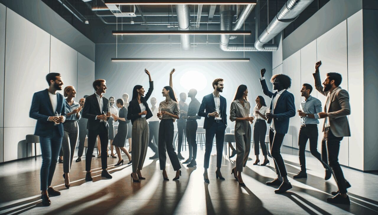 Emprendedores celebrando en un evento tecnológico con luces y ambiente moderno.