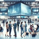 Personas interactuando en un moderno centro de convenciones, pantallas y tecnología audiovisual de fondo, ambiente vibrante y profesional.