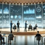 Emprendedores dialogando en un auditorio moderno con pantallas digitales mostrando gráficos de startups.