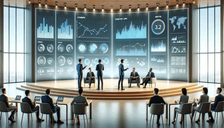 Emprendedores dialogando en un auditorio moderno con pantallas digitales mostrando gráficos de startups.