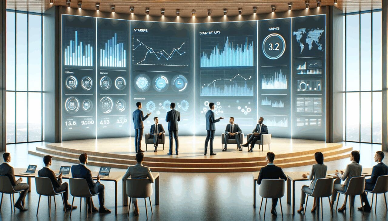 Emprendedores dialogando en un auditorio moderno con pantallas digitales mostrando gráficos de startups.