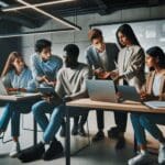 Grupo diverso de emprendedores colaborando en un moderno espacio tecnológico.