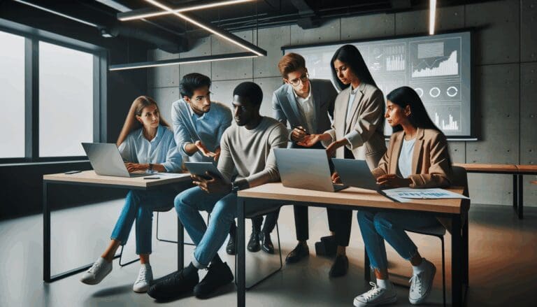 Grupo diverso de emprendedores colaborando en un moderno espacio tecnológico.