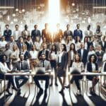 Grupo diverso de emprendedores y expertos colaborando en un foro tecnológico moderno.