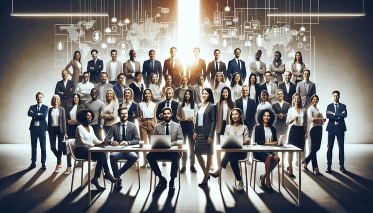 Grupo diverso de emprendedores y expertos colaborando en un foro tecnológico moderno.