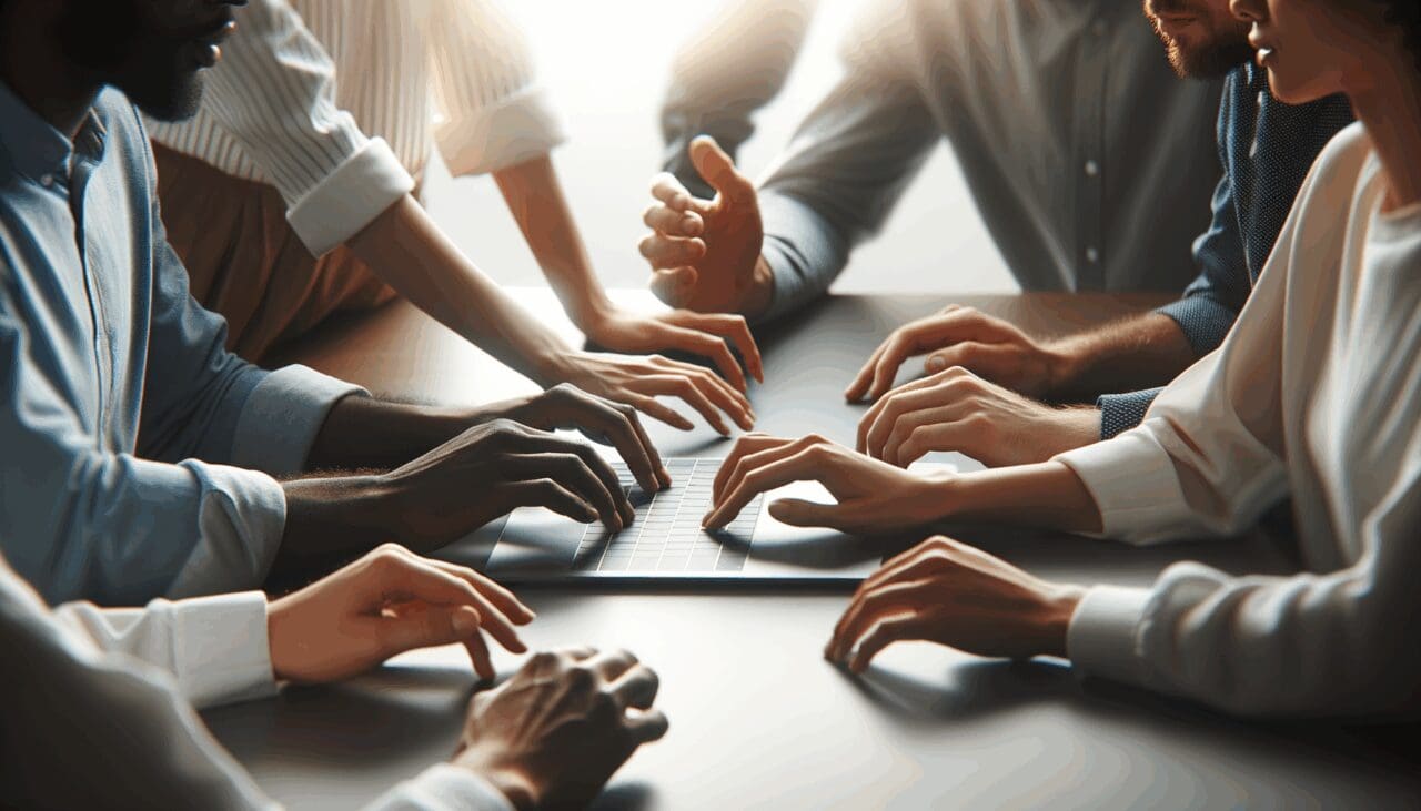 Primer plano de manos colaborando sobre una laptop en un entorno moderno de startups, iluminación natural.