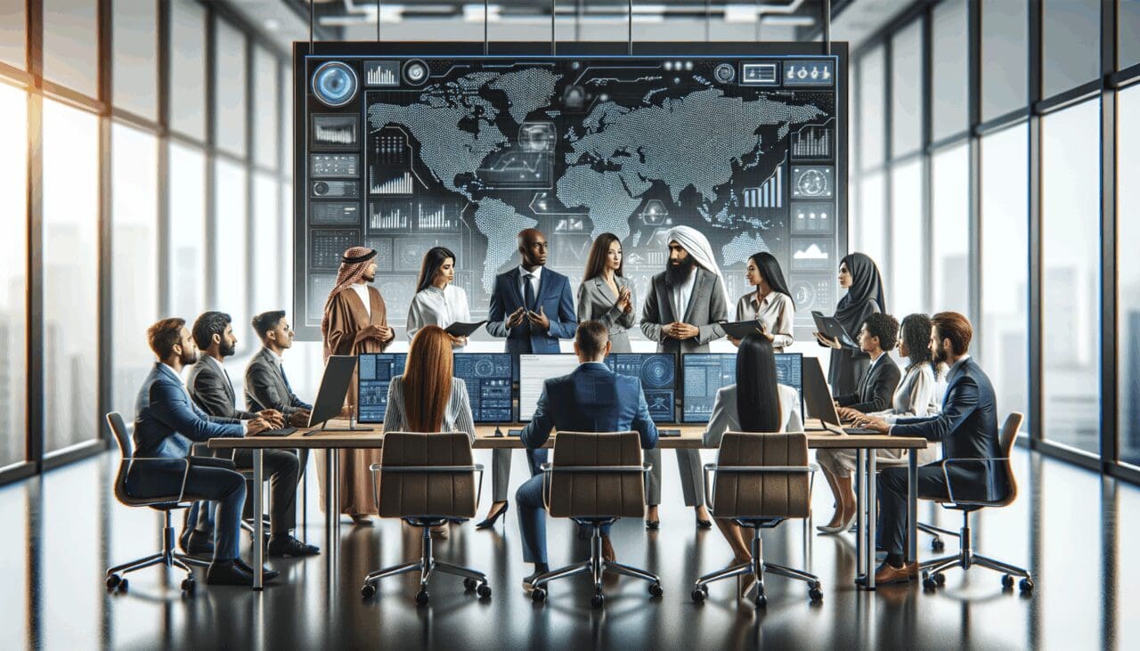 Personas diversas trabajando en equipo frente a pantallas y pizarras digitales, ambiente moderno, tecnológico y colaborativo.