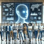 Grupo de emprendedores reunidos en un espacio de coworking moderno con pantallas mostrando gráficos de inteligencia artificial.