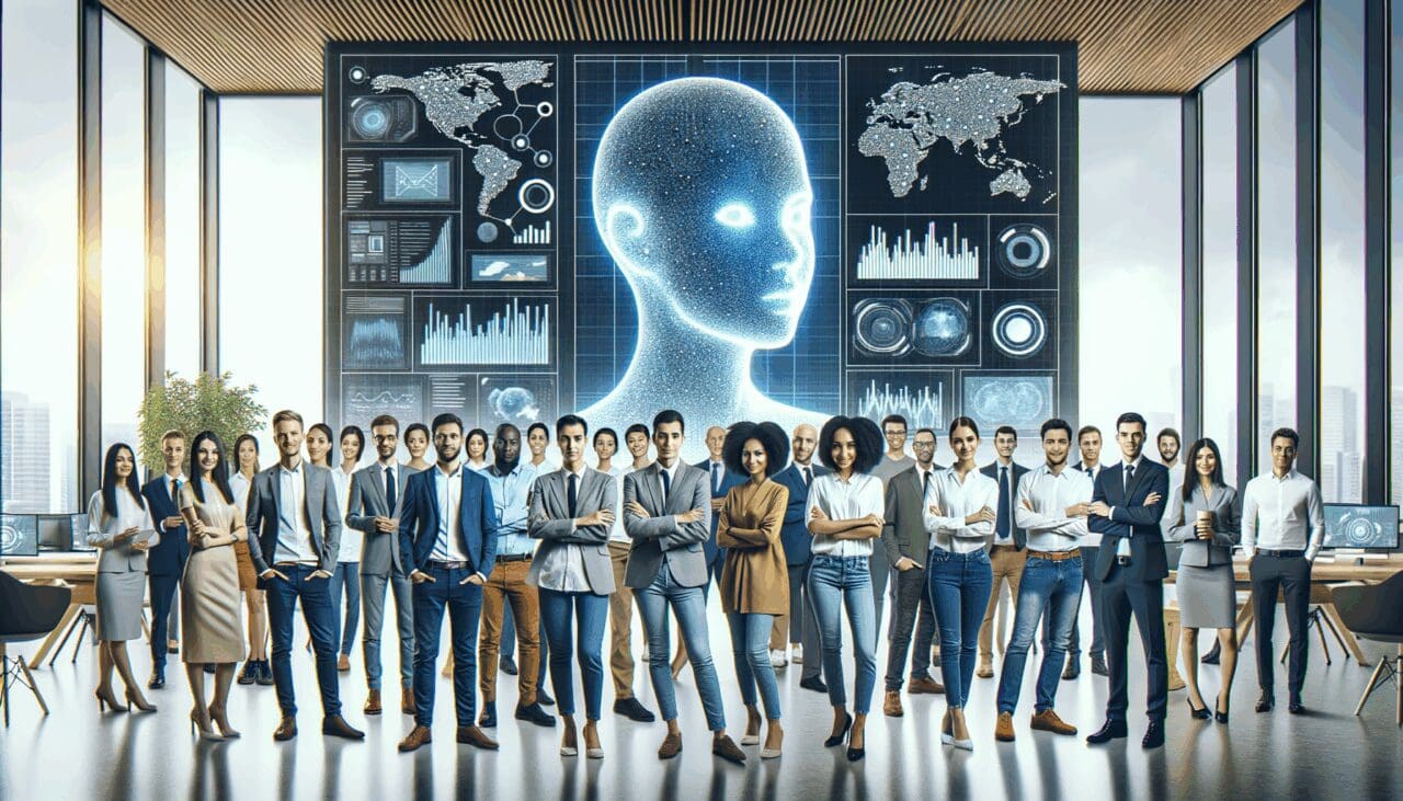 Grupo de emprendedores reunidos en un espacio de coworking moderno con pantallas mostrando gráficos de inteligencia artificial.