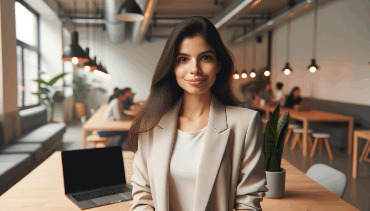 Retrato de una mujer joven emprendiendo en un entorno moderno de coworking, laptops y plantas.
