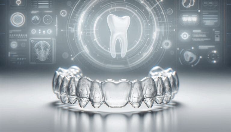 Primer plano de alineadores dentales transparentes sobre una superficie blanca, con fondo desenfocado tecnológico.