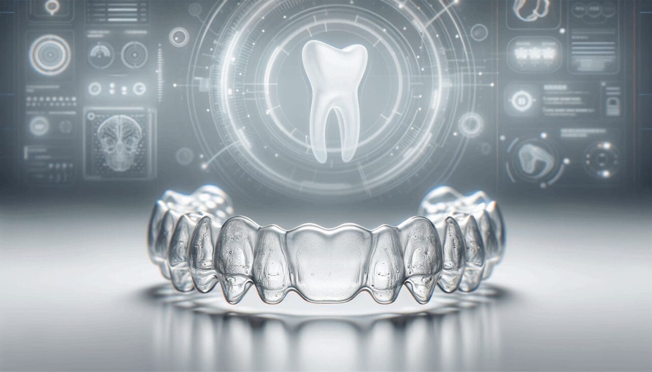 Primer plano de alineadores dentales transparentes sobre una superficie blanca, con fondo desenfocado tecnológico.