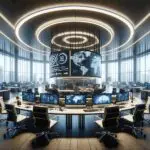 Oficina moderna con equipos de tecnología, pantallas y ambiente internacional enfocado en innovación inmobiliaria.