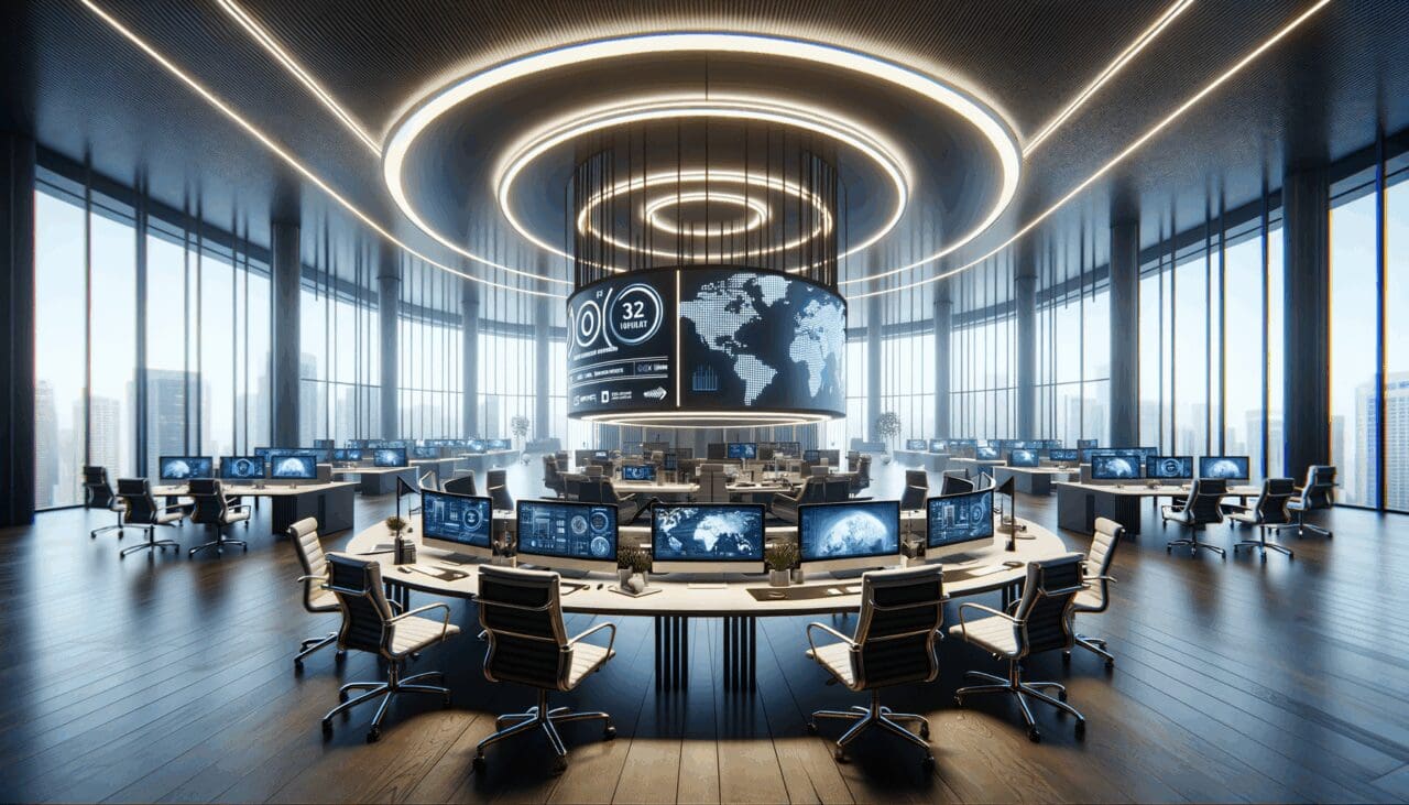 Oficina moderna con equipos de tecnología, pantallas y ambiente internacional enfocado en innovación inmobiliaria.