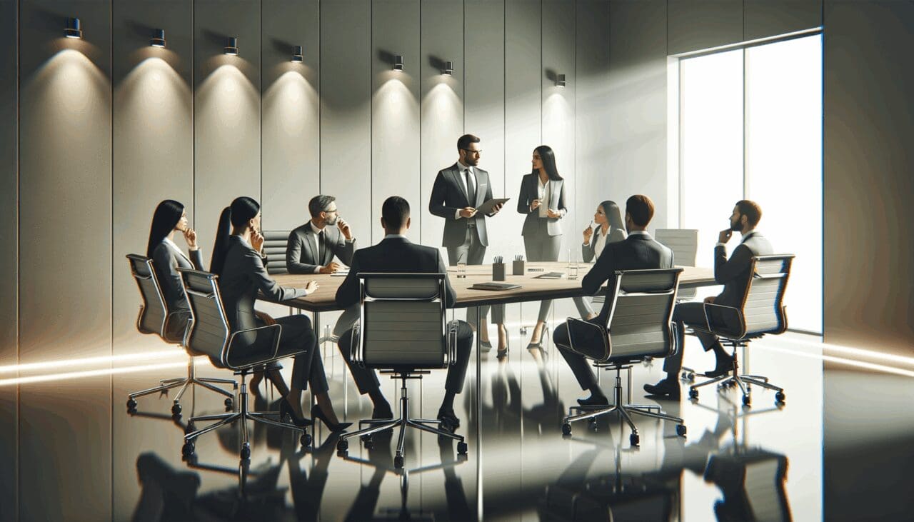 Sala de conferencias moderna con emprendedores en discusión colaborativa.