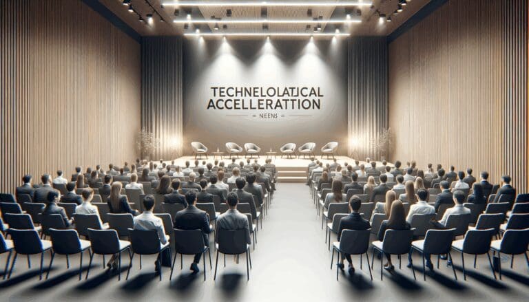 Auditorio moderno con emprendedores participando en un evento de aceleración tecnológica.