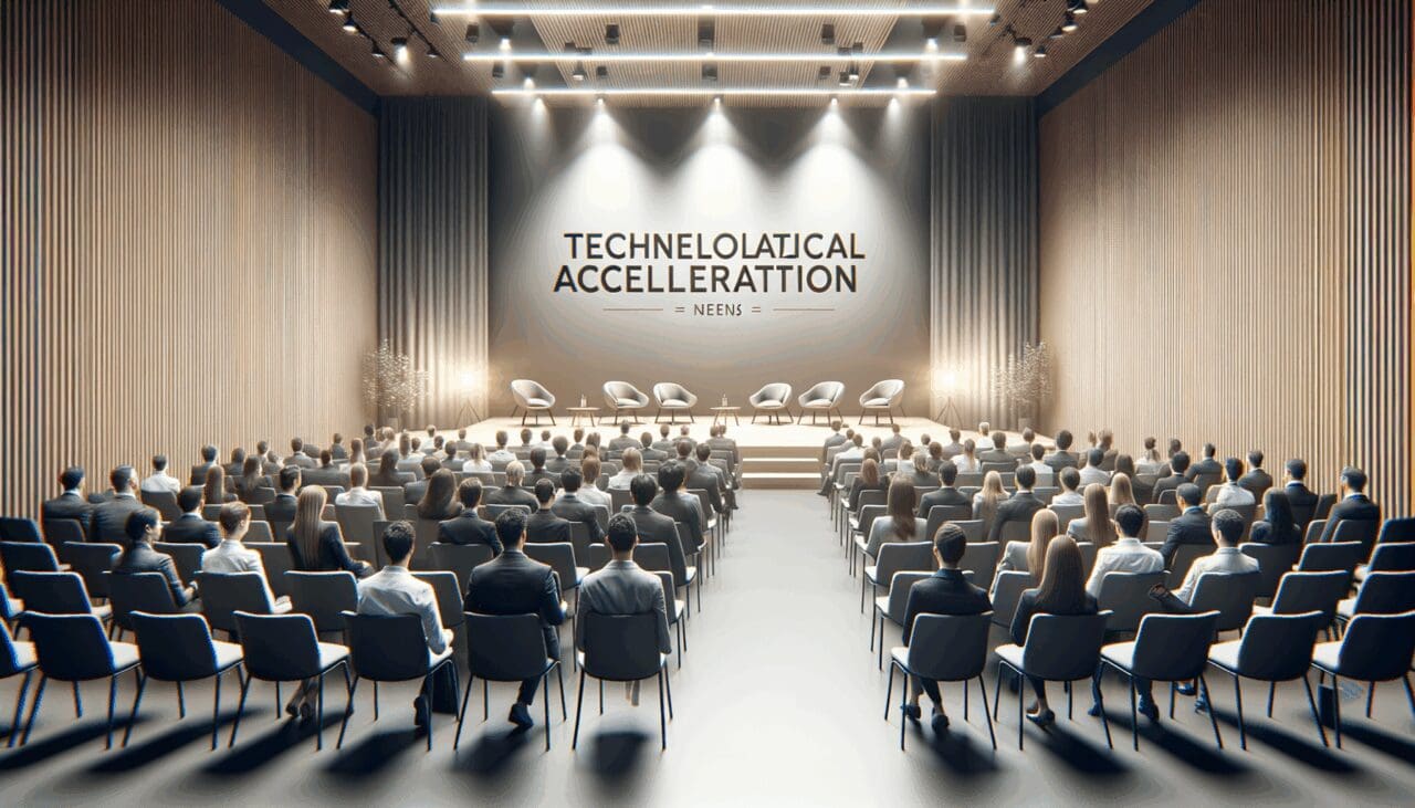 Auditorio moderno con emprendedores participando en un evento de aceleración tecnológica.