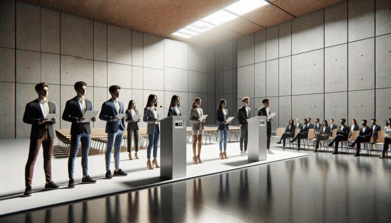 Emprendedores jóvenes presentando prototipos frente a un jurado tecnológico en un auditorio moderno.