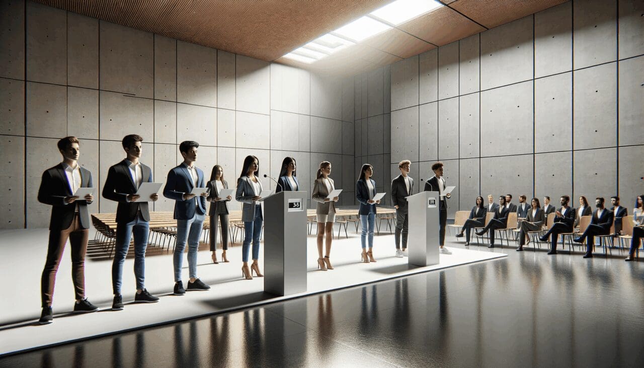 Emprendedores jóvenes presentando prototipos frente a un jurado tecnológico en un auditorio moderno.