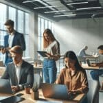 Emprendedores trabajando en laptops en un espacio de coworking moderno y luminoso.