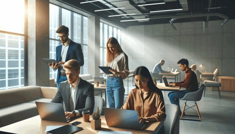 Emprendedores trabajando en laptops en un espacio de coworking moderno y luminoso.