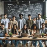 Emprendedores jóvenes reunidos en un espacio de coworking moderno, laptops y pizarras con diagramas de estrategias.