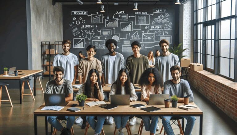 Emprendedores jóvenes reunidos en un espacio de coworking moderno, laptops y pizarras con diagramas de estrategias.