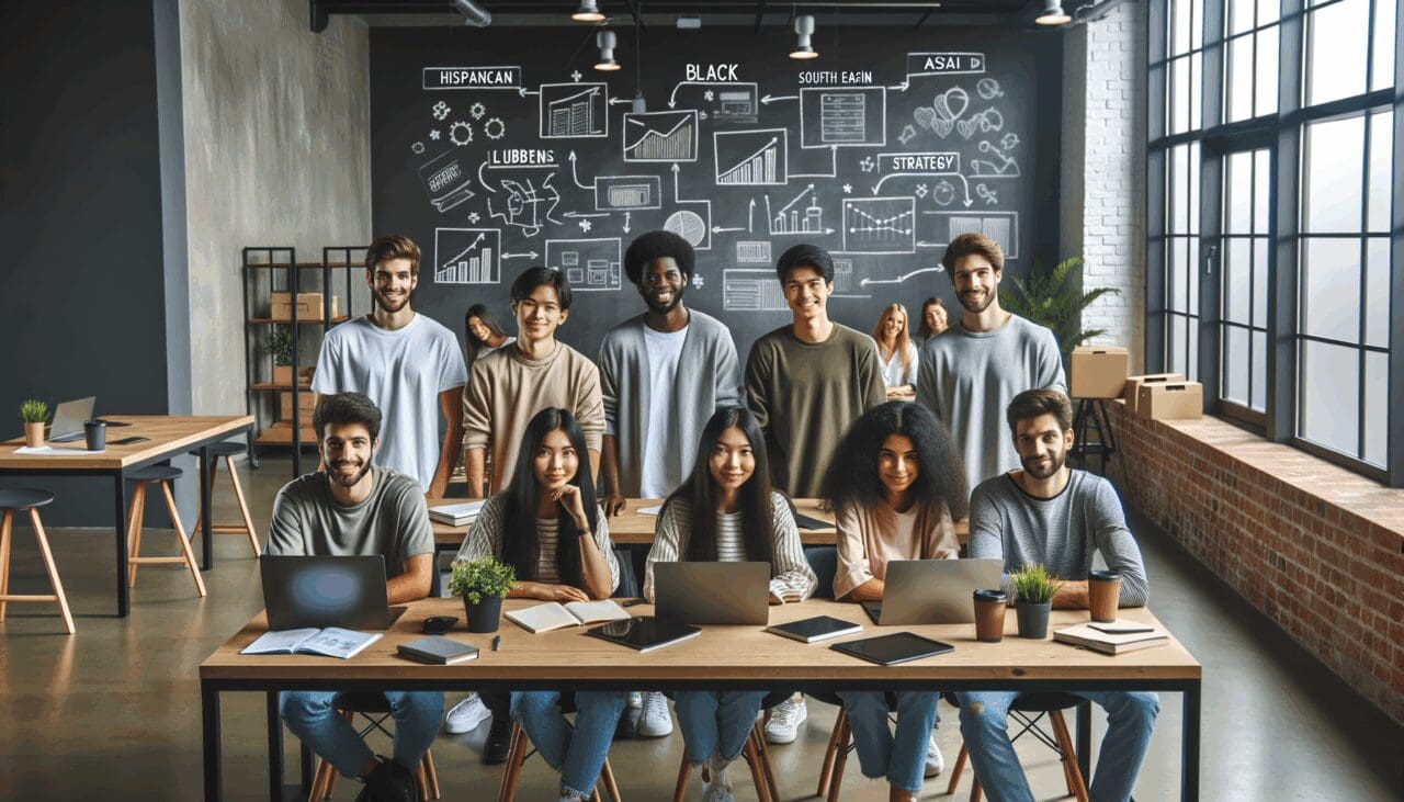 Emprendedores jóvenes reunidos en un espacio de coworking moderno, laptops y pizarras con diagramas de estrategias.