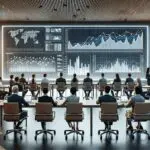 Sala de reuniones moderna con ejecutivos internacionales analizando gráficos financieros digitales.