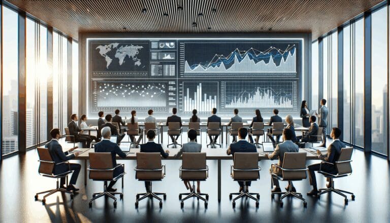 Sala de reuniones moderna con ejecutivos internacionales analizando gráficos financieros digitales.