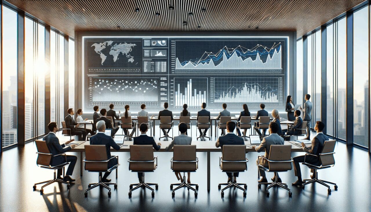 Sala de reuniones moderna con ejecutivos internacionales analizando gráficos financieros digitales.