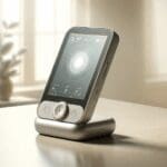 Primer plano de un dispositivo médico moderno sobre una mesa neutra, con fondo difuminado en tonos claros.