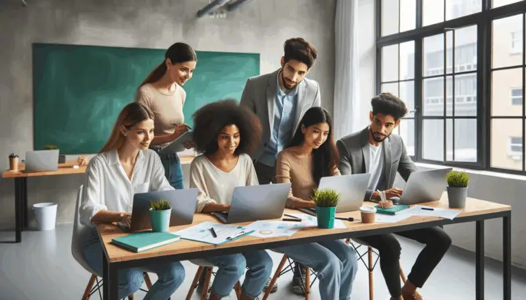 Un grupo diverso de jóvenes emprendedores colaborando frente a portátiles y pizarras verdes en un espacio de coworking moderno y luminoso.