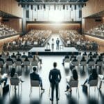 Emprendedores presentando proyectos en un auditorio moderno lleno de asistentes.