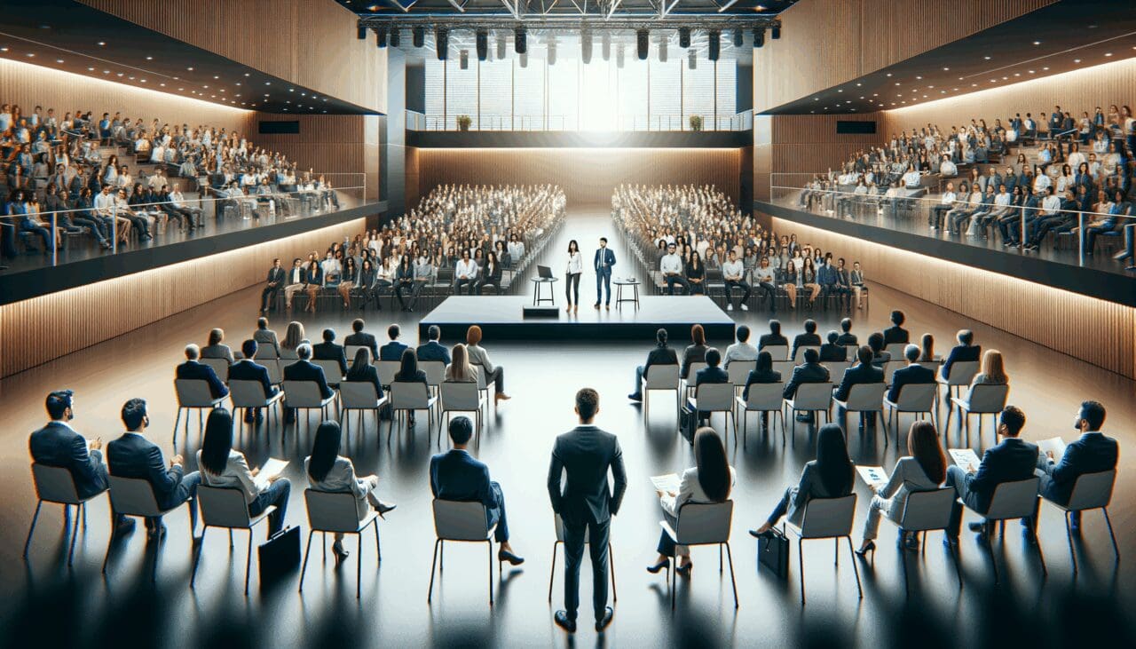 Emprendedores presentando proyectos en un auditorio moderno lleno de asistentes.